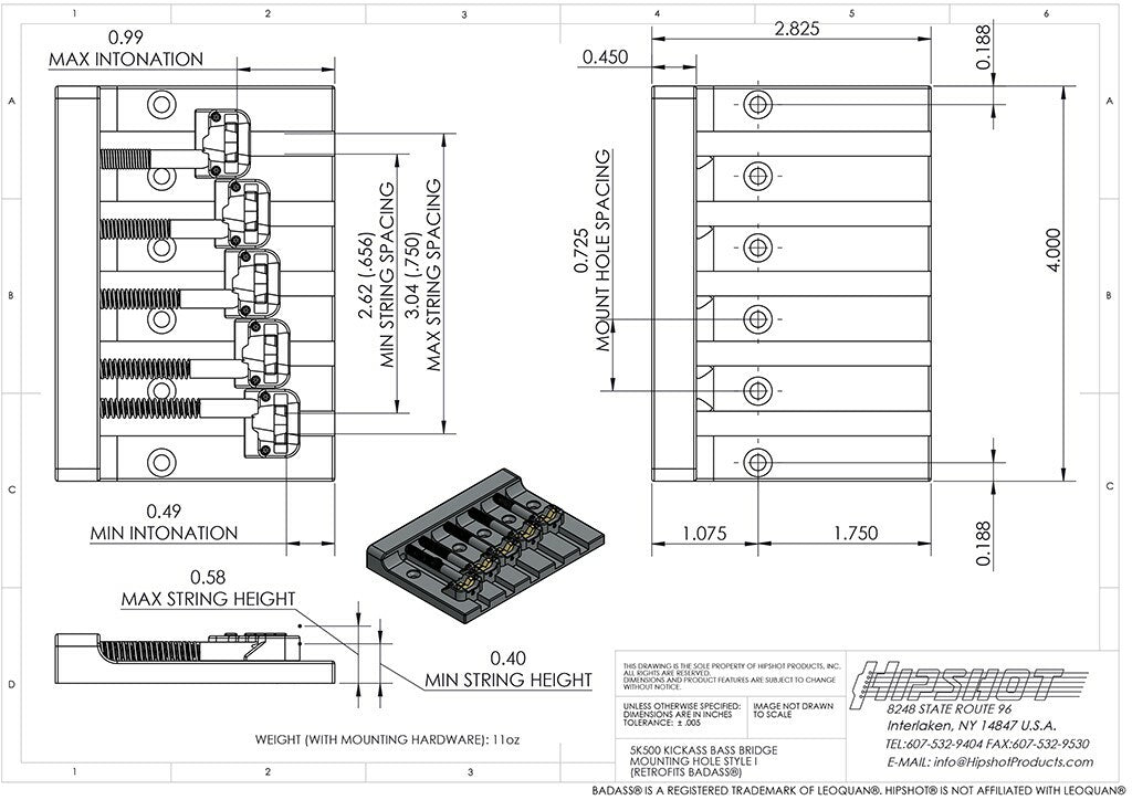NEW Hipshot Kickass High Mass 5 STRING Bass BRIDGE for Badass Bass Nickel 5K501N
