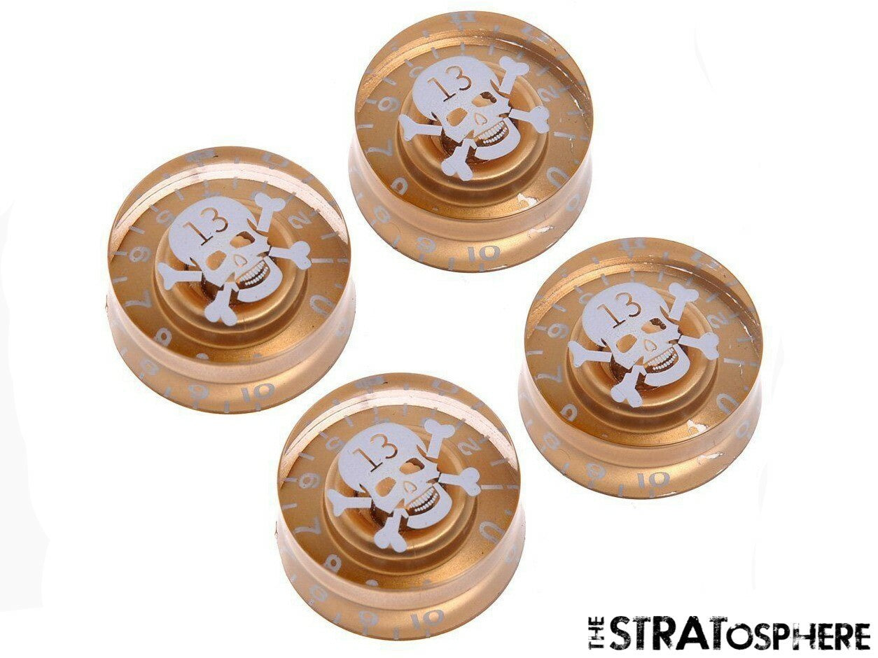 *NEW 4 CONTROL KNOBS for Gibson Les Paul 6mm Shaft Push On Gold & White Skull