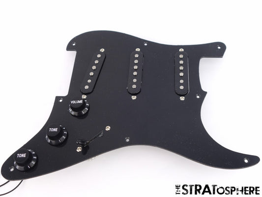 *NEW Alnico 5 LOADED PICKGUARD for Fender Strat Black 1 Ply 8 Hole, BEVELED