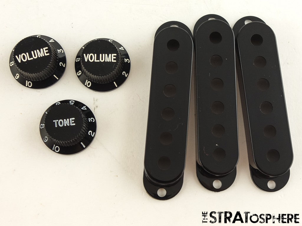 NOS Lot of 5 Sets of Plastic Pickup Covers & Knobs for Fender Strat Black