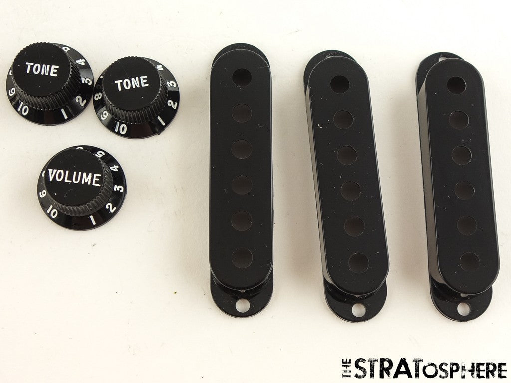 NOS Lot of 5 Sets of Plastic Pickup Covers & Knobs for Fender Strat Black
