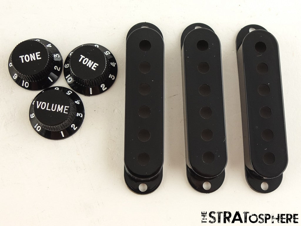 NOS Lot of 5 Sets of Plastic Pickup Covers & Knobs for Fender Strat Black