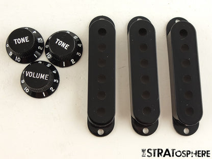 NOS Lot of 5 Sets of Plastic Pickup Covers & Knobs for Fender Strat Black