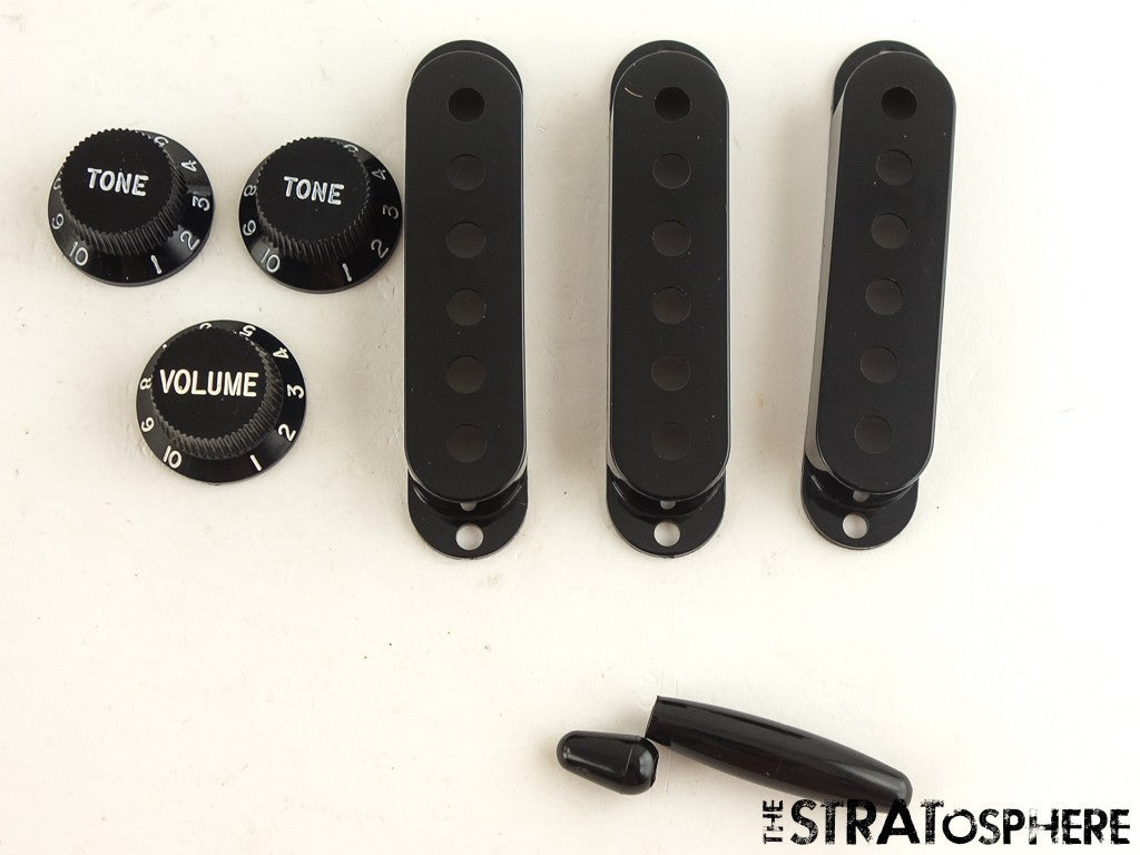 NOS Lot of 5 Sets of Plastic Pickup Covers & Knobs for Fender Strat Black