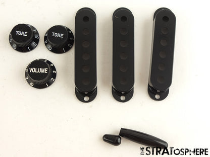 NOS Lot of 5 Sets of Plastic Pickup Covers & Knobs for Fender Strat Black