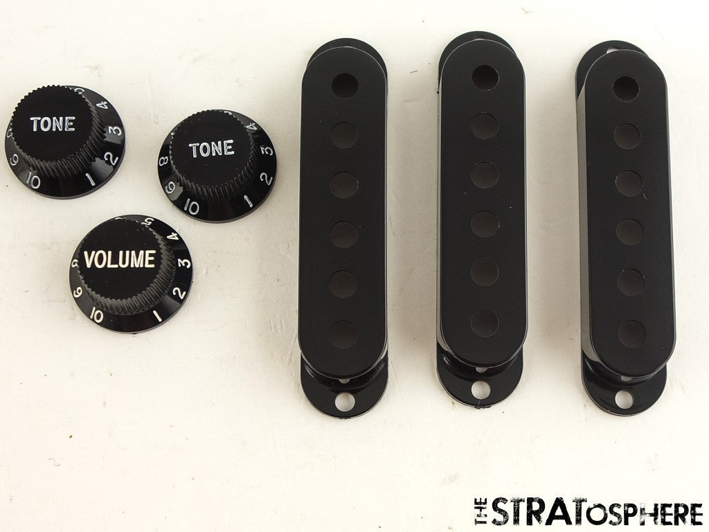 NOS Lot of 5 Sets of Plastic Pickup Covers & Knobs for Fender Strat Black