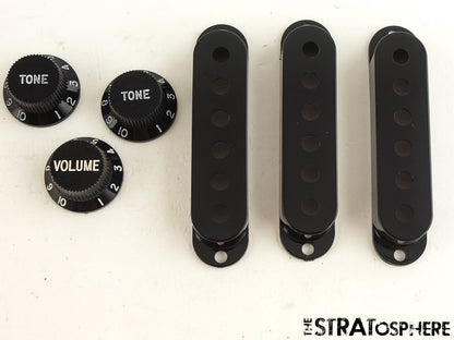 NOS Lot of 5 Sets of Plastic Pickup Covers & Knobs for Fender Strat Black