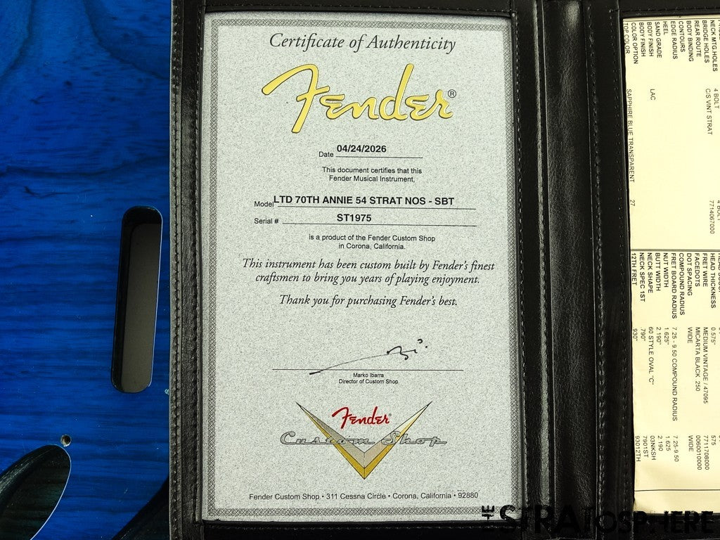 Fender Custom Shop 70th Annie 54 Strat NOS BODY Ash Sapphire Blue Transparent