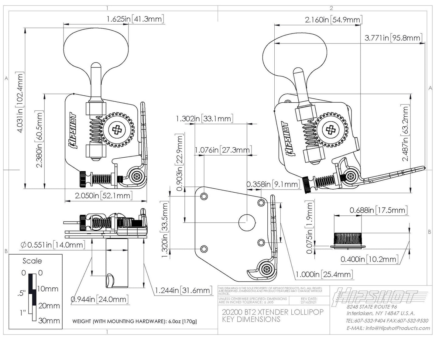 NEW Hipshot BT2 BASS XTENDER - LOLLIPOP KEY - GOLD 20200LG