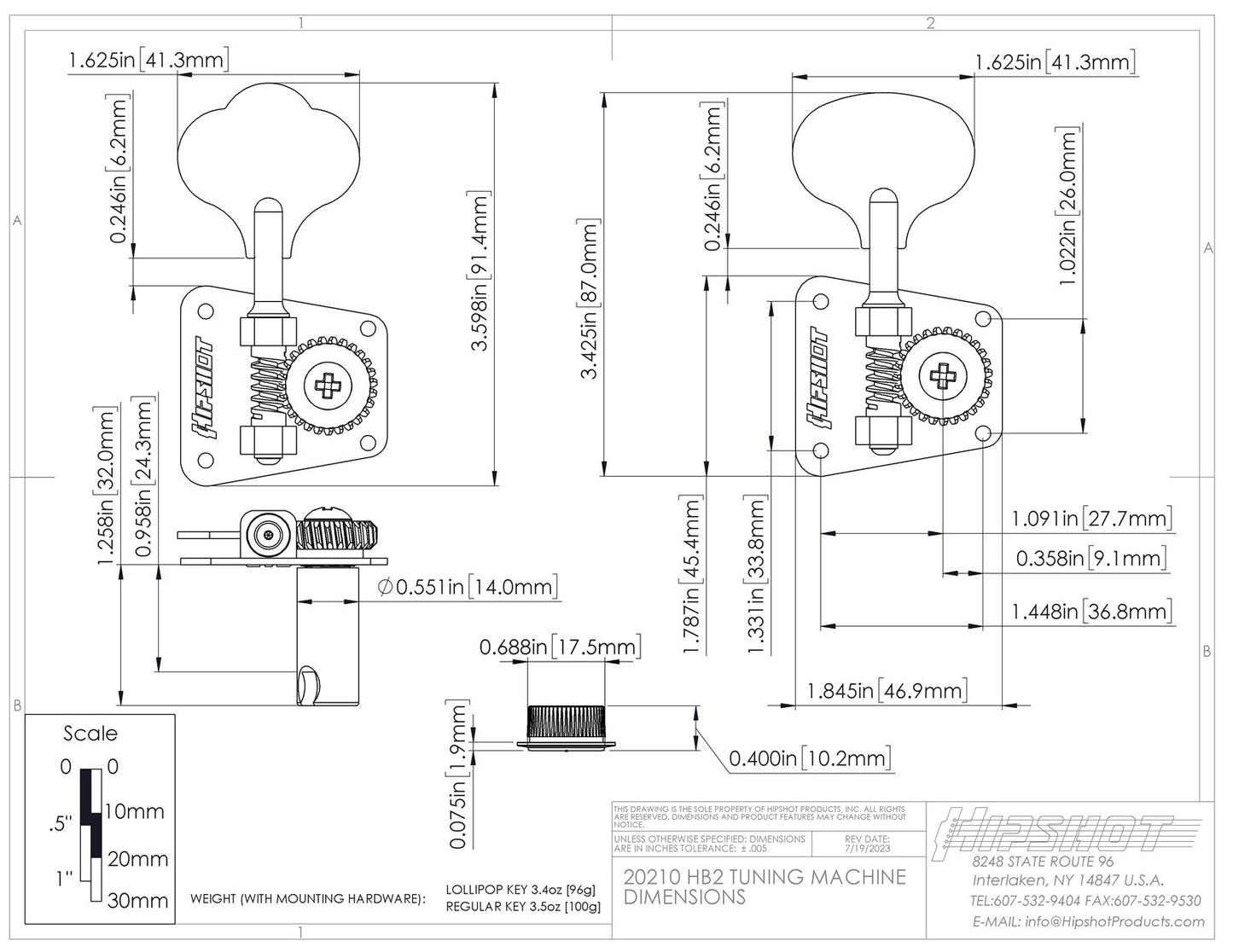 NEW Hipshot HB2 BASS TUNER - LOLLIPOP KEY - GOLD TREBLE 20210LGT
